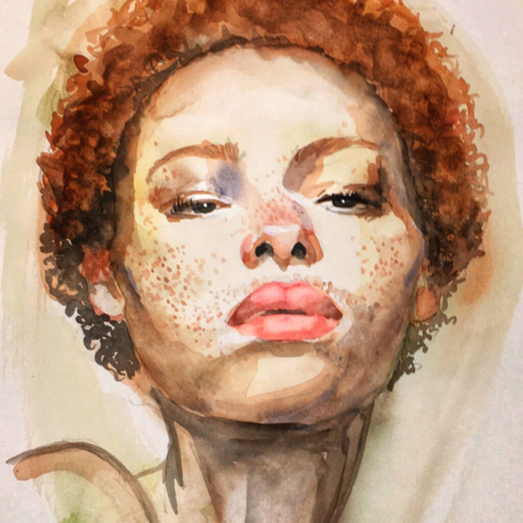 watercolor portrait mixed race girl by BC artist