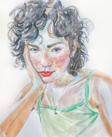 female brunette model watercolor portrait by BC artist