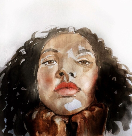 black female model watercolor portrait by BC artist