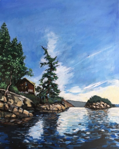 acrylic seascape cabin on waterfront Sunshine Coast by BC artist