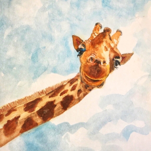 giraffe portrait, watercolor painting, art by BC artist Wendy Tsao