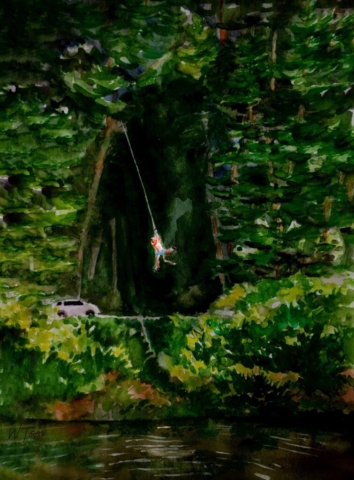 watercolor boy on rope swing on the lake by BC artist